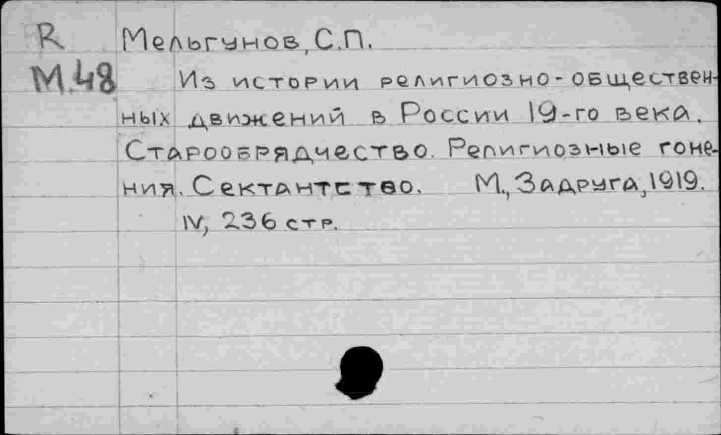 ﻿	[Иельгчнов С.П.	
м.и		Ий И1ТОРИИ pQ л иг и О 3 и О - ОБ кЦбстВРН-
	ных	движений & России |У-го аекй .
	Стлрооёрялчество. Репигиоэные гоне-	
	НИУ1	.Сектантство, М.,Злдр^га3\^19.
		IV, 2.3 fe с-г р.
		
		
		
		
	«	
		